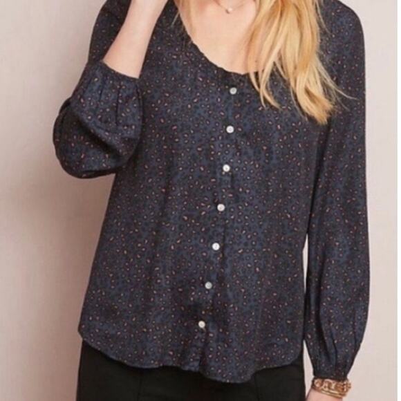 Anthropologie Dolan Marilyn Animal Print Contrast Blouse Blue Pink Black Size S - Picture 2 of 12
